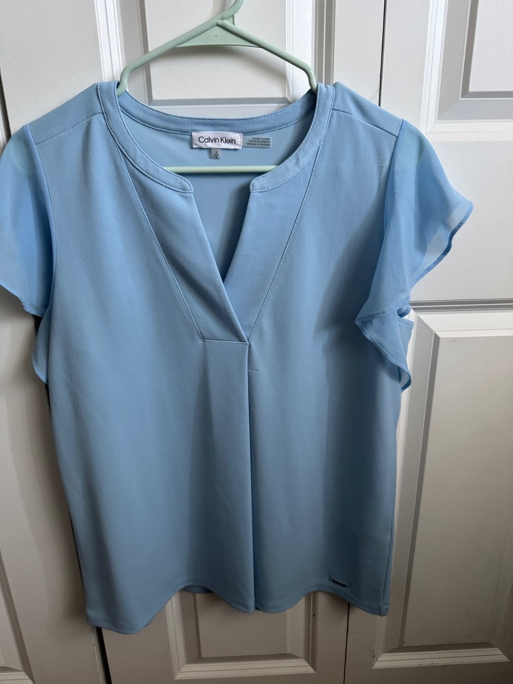 Calvin Klein Light Blue Notch V Flutter Sleeve Top